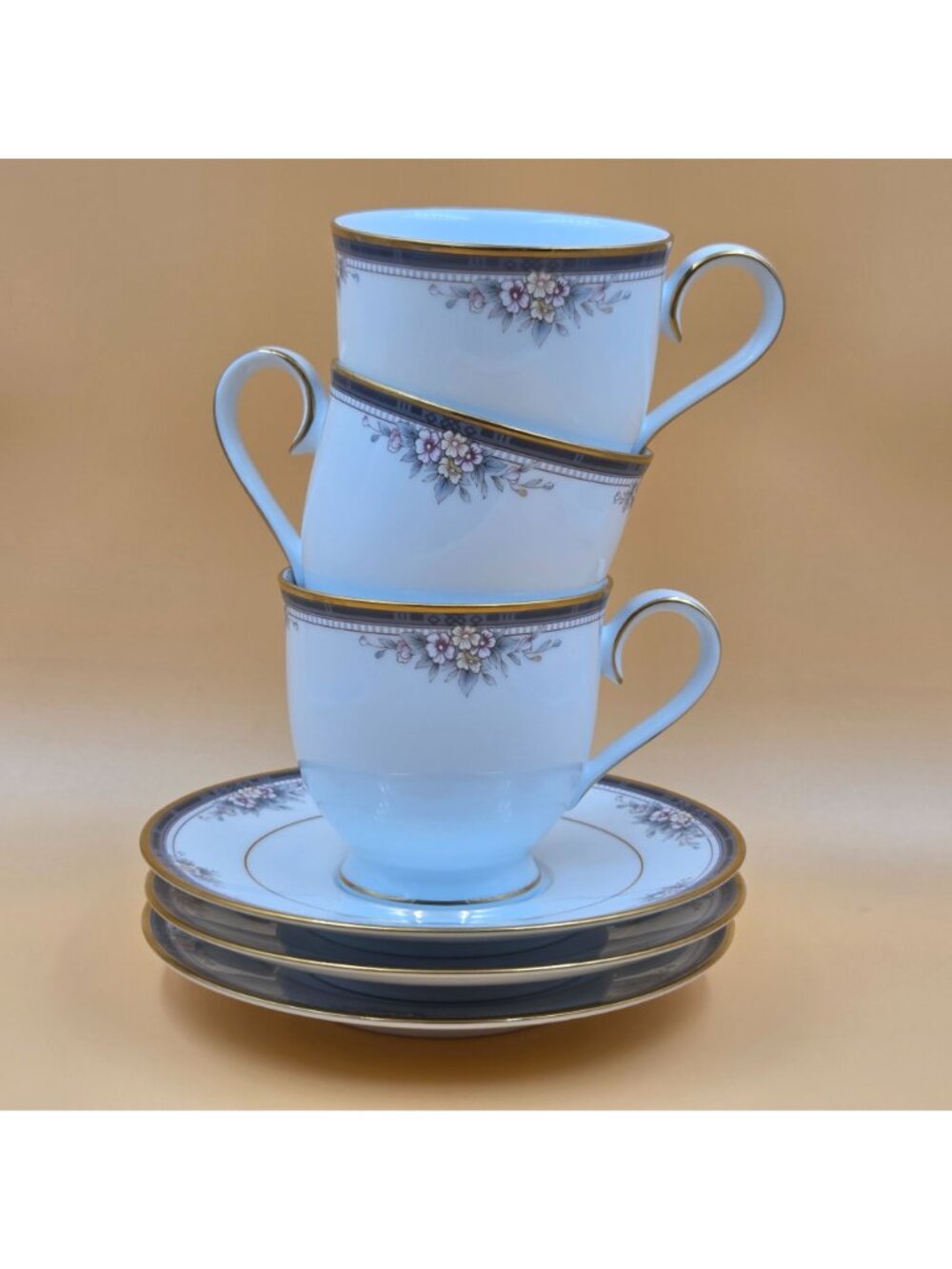 Noritake Ontario Footed Cup and Saucer Set of 3 Blue Gray Band White Pink Flower - Picture 2 of 16